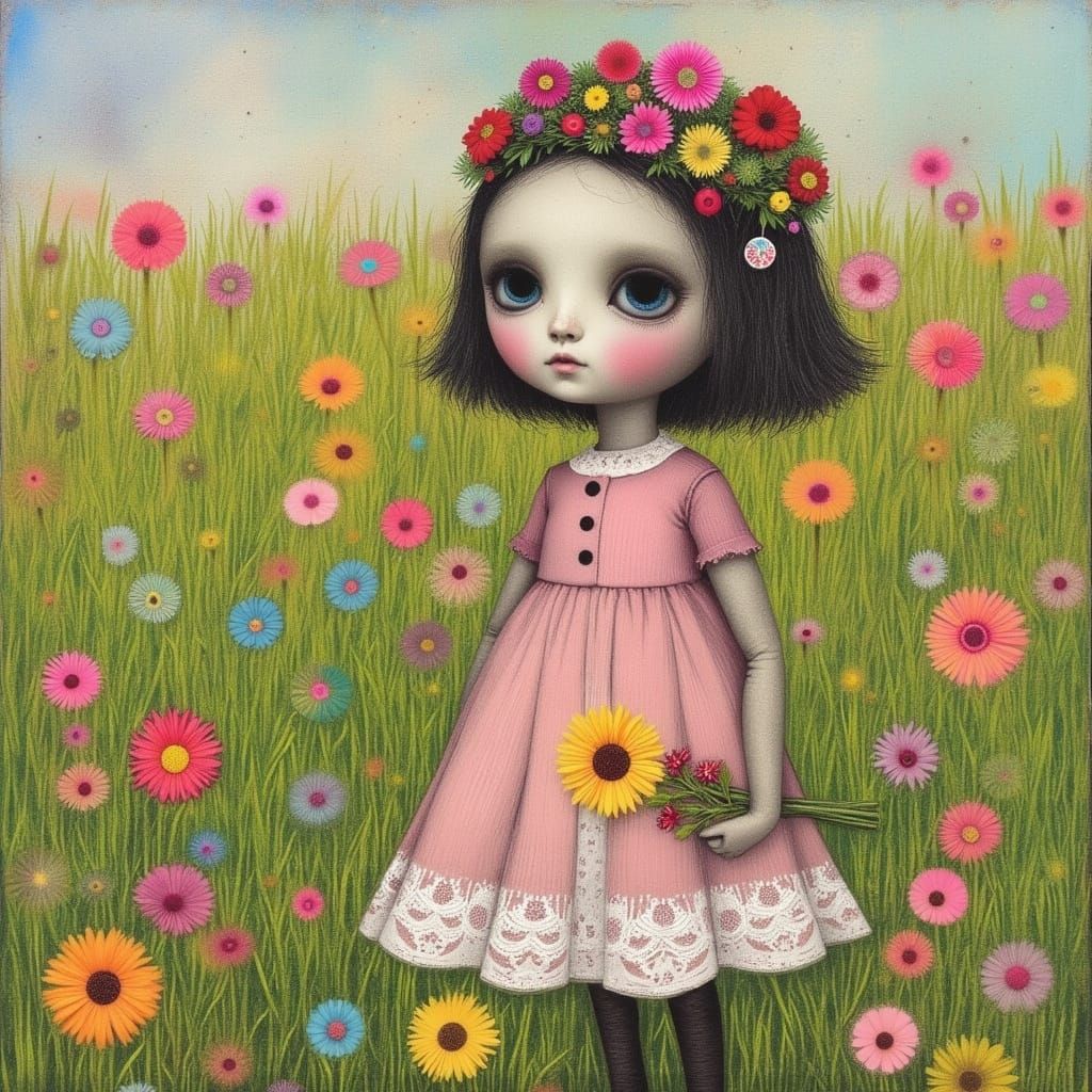 Ragdoll in Spring Meadow with Flowers, Mixed Media