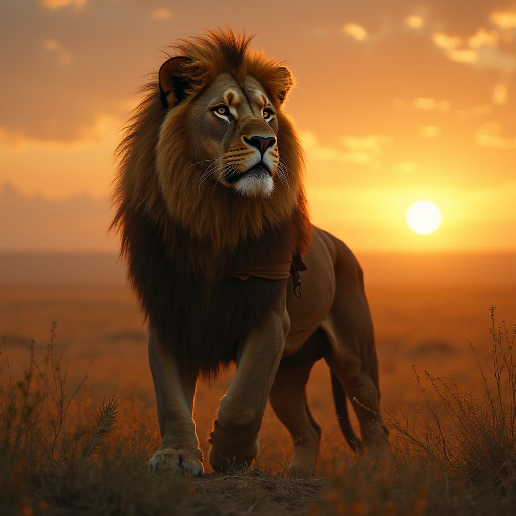 Lion in Savannah Sunset, Digital Art Style