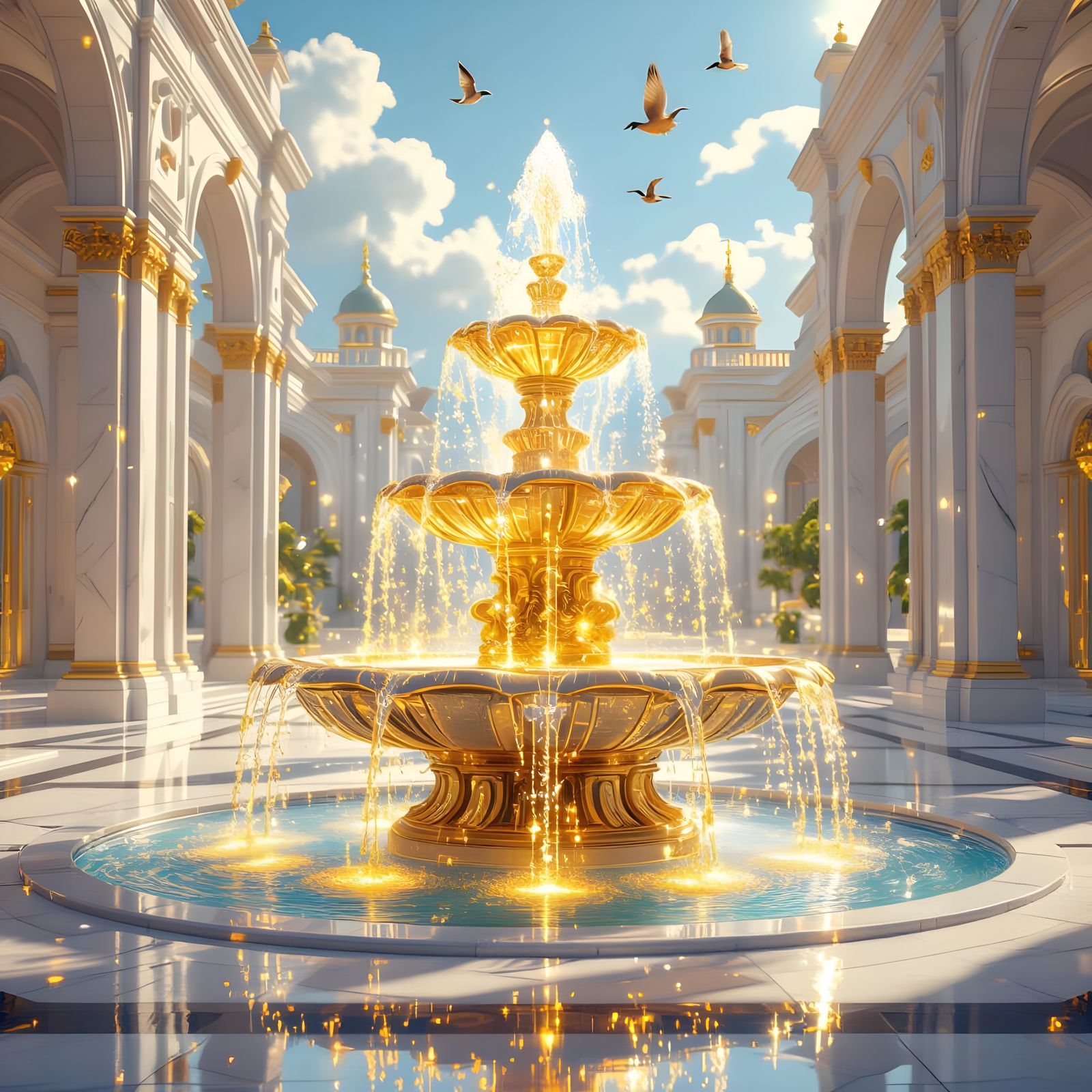 Golden Fountain in Crystal Plaza: Surreal Masterpiece