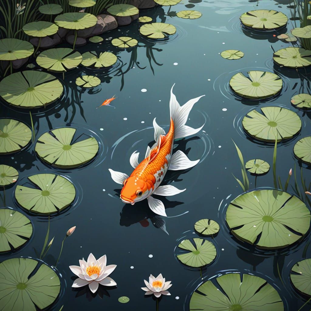 Whimsical Line Art of a Speckled Goldfish in a Japanese Pond
