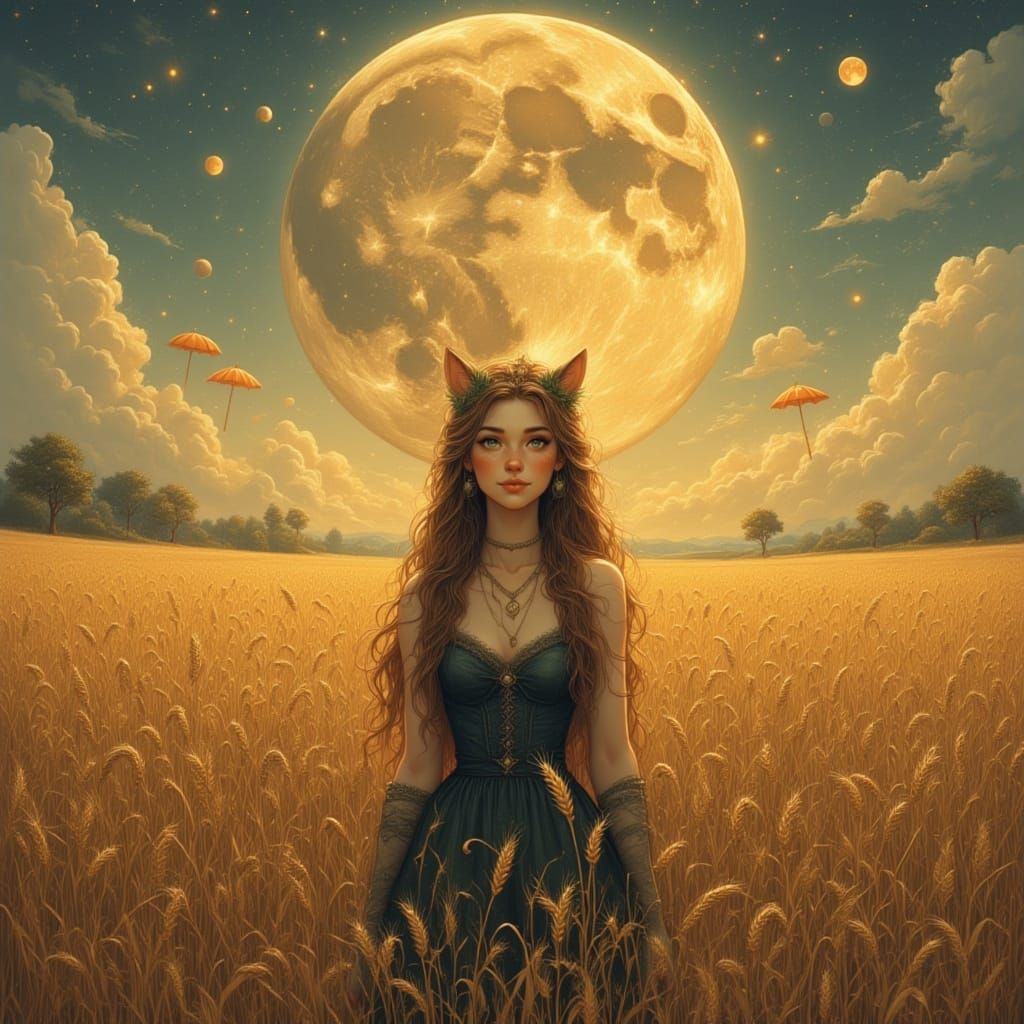 Tabby Cat Fairy in Golden Field with Multiple Moons