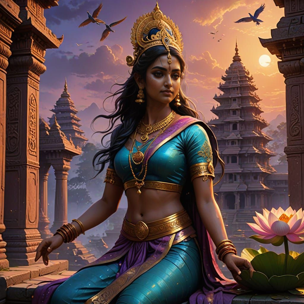 Saraswati Goddess Illuminates Temple at Dusk in Vibrant Colo...