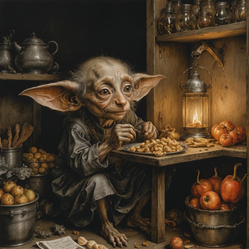 House Elf Eating: Hyperdetailed Charcoal Drawing