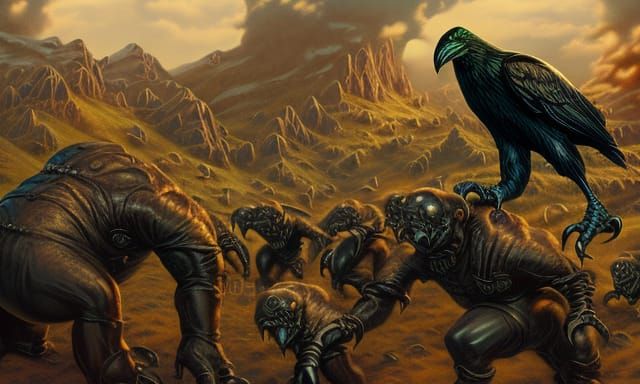 Fantasy Oil Painting: Raven Monster and Steampunk Army