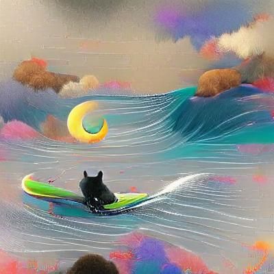 Black Cat Surfing in a Dreamscape