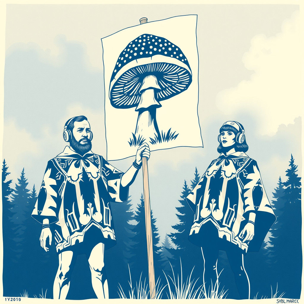 Accountants Protest with Mushroom Flag in Expressionist Styl...