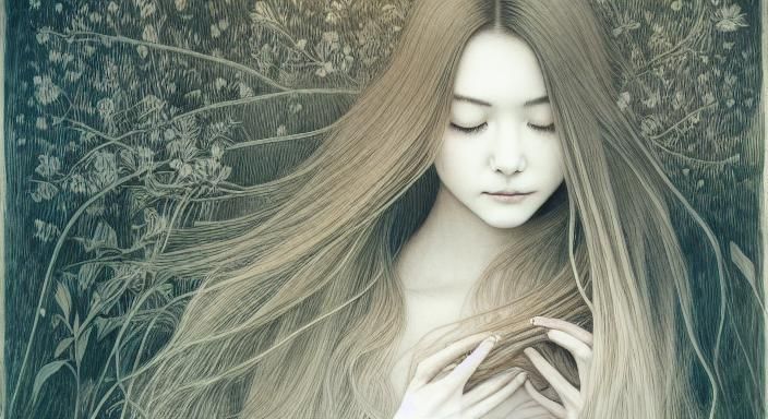 Woman with Flower in Warped Forest Etching