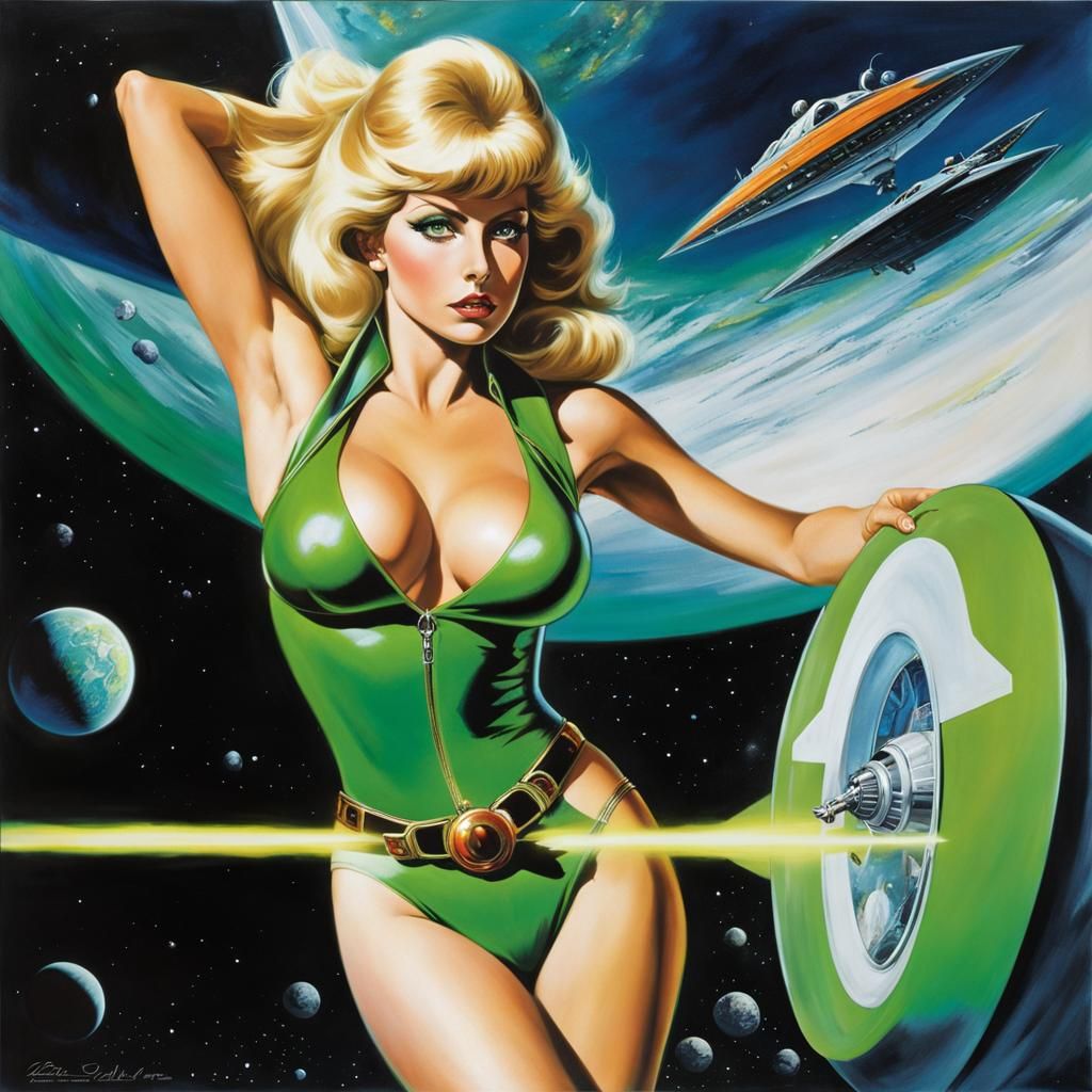 Barbarella in Green Bikini, Anime Style Sci-Fi Art