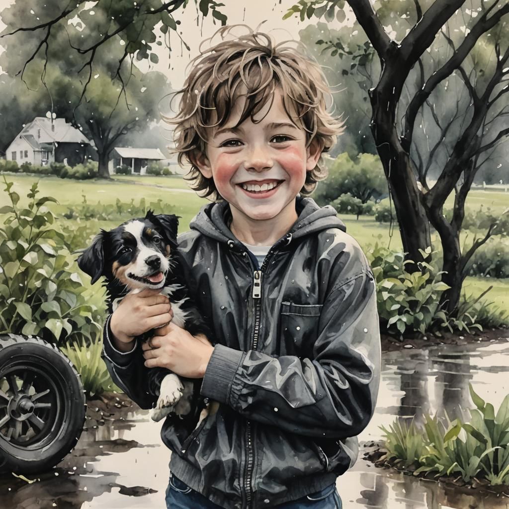 Happy Boy with Puppy in Rainy Orchard, Watercolor