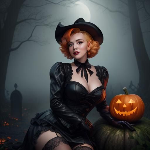 Vampire Pin-Up Girl Sits on Pumpkin in Graveyard