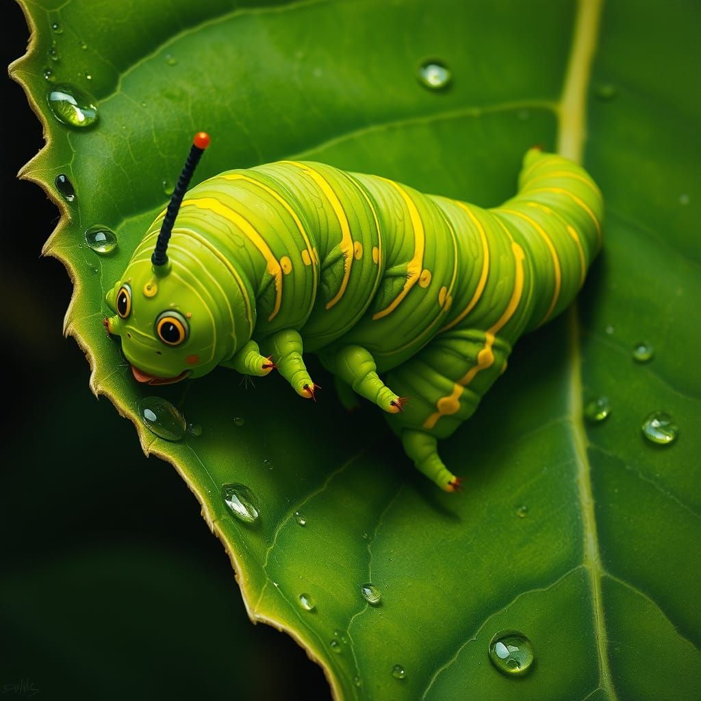 Hyperrealistic Caterpillar Leaping on Leaf in Audubon Style