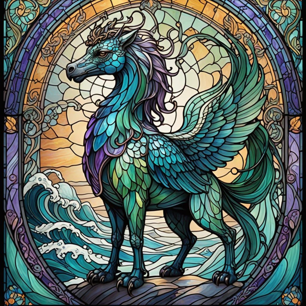 Majestic Hippogriff of Ocean Glass in Art Nouveau Style