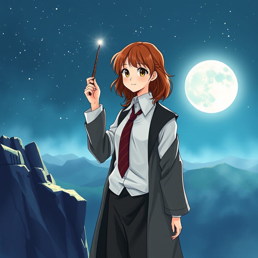 Hermione Granger in Whimsical Hogwarts Attire Under the Full...