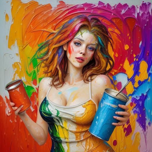Paint Cans Form Woman: Expressionist Oil Painting