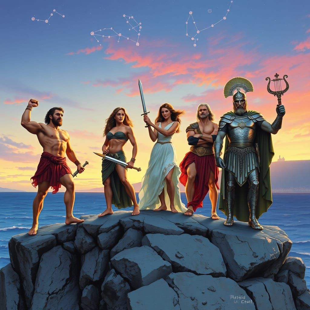 Greek Heroes Unite at Dusk on Rocky Outpost