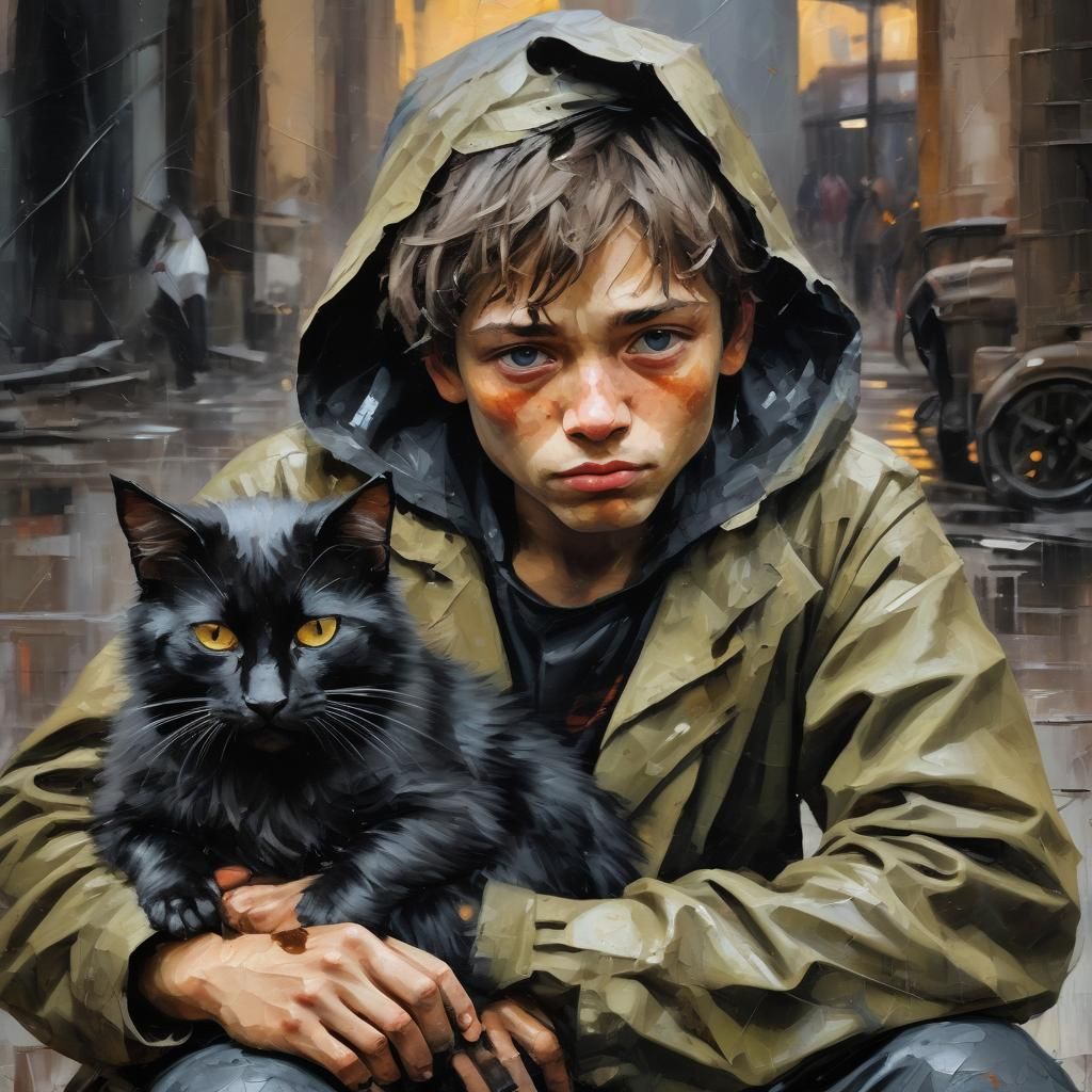 Homeless Boy Comforted by Cats, Neo-Impressionist Painting