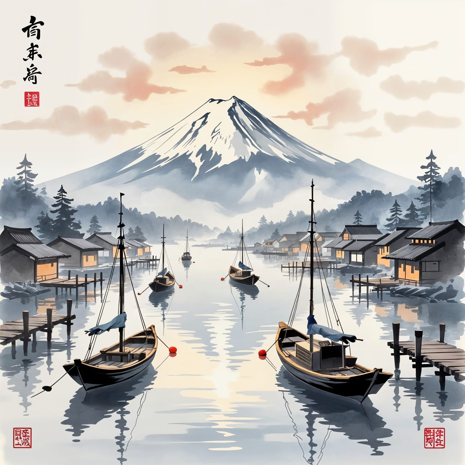 Japanese Fishing Village Under Mount Fuji in Sumi-e Style