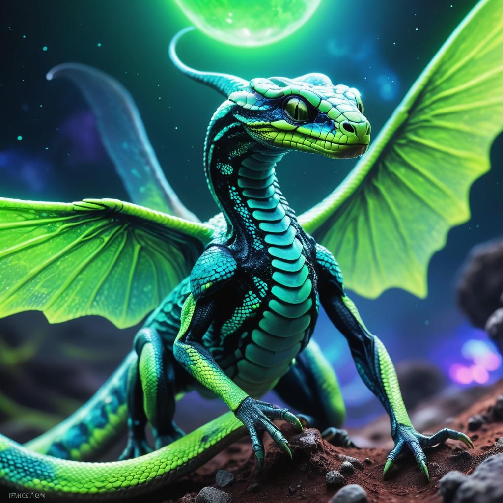 Bioluminescent Flying Snake on Alien Planet
