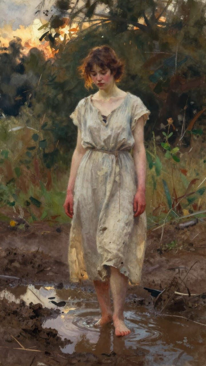 Barefoot Woman in Muddy Puddle at Dusk