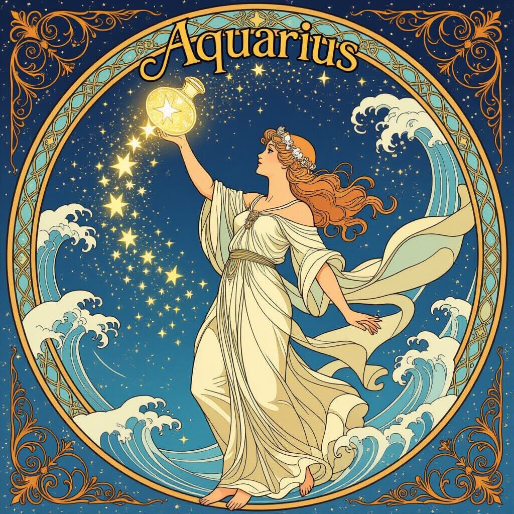 Aquarius Pouring Stars: Ethereal Art Nouveau Illustration