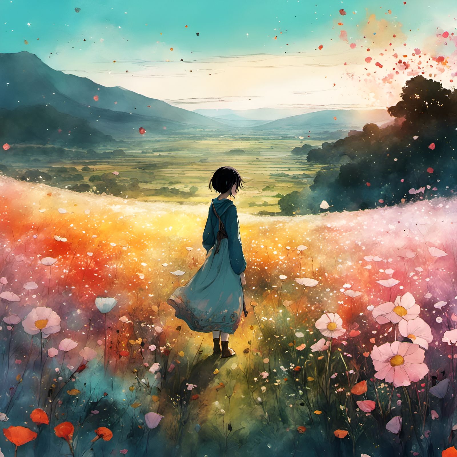 Anime Landscape with Flowery Field and Poem, Watercolor Styl...