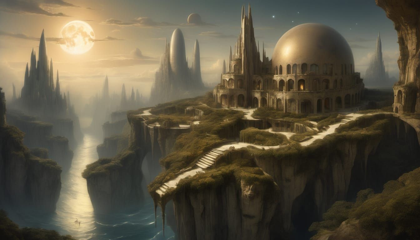 Surreal Dreamscape: Art Nouveau Buildings in Landscape