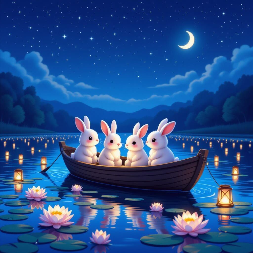 Night Scene with Bunnies, Boat, and Lanterns