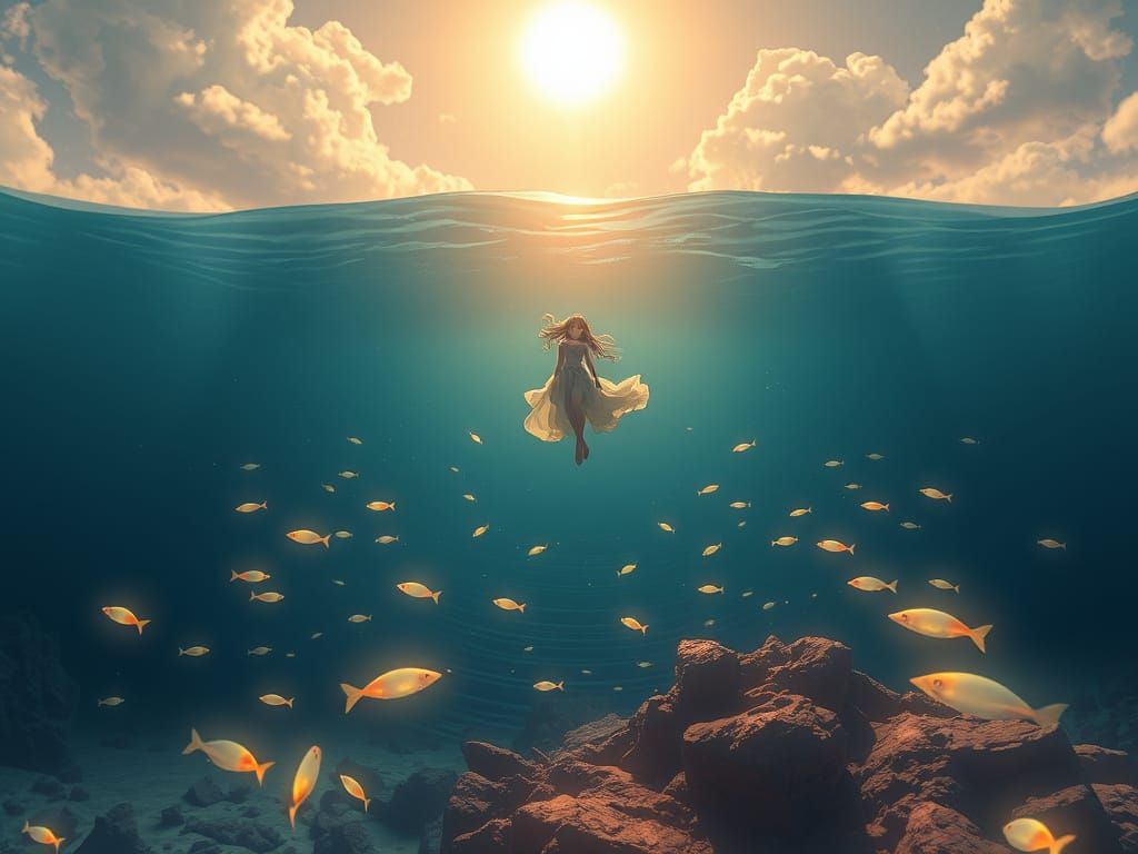 Weightless Figure in Dreamlike Oceanic World