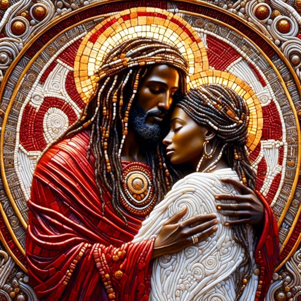 Jesus Comforts Woman with Dreadlocks in Mosaic Style