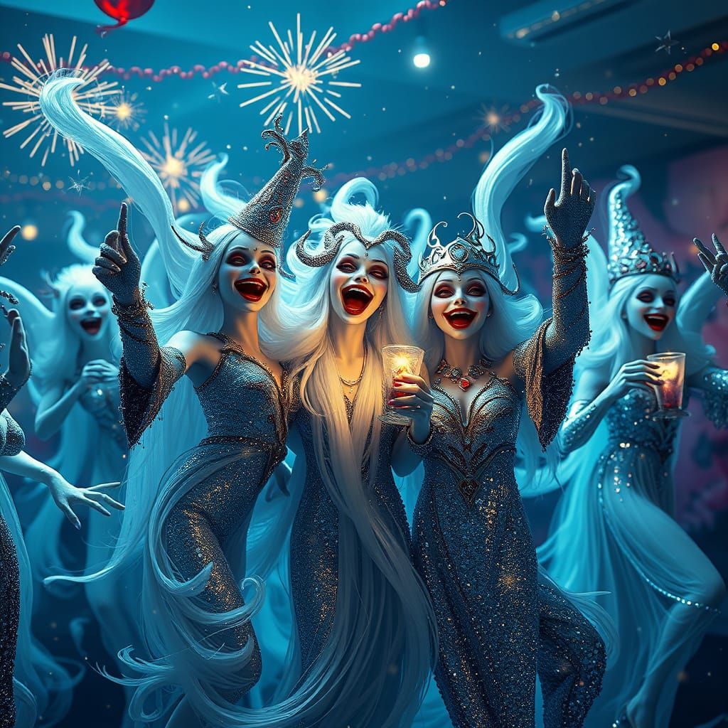 Ghosts Celebrate New Year's Eve in Sparkly Outfits