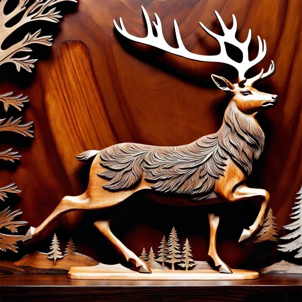 Rustic Wood Carving of Leaping Stag