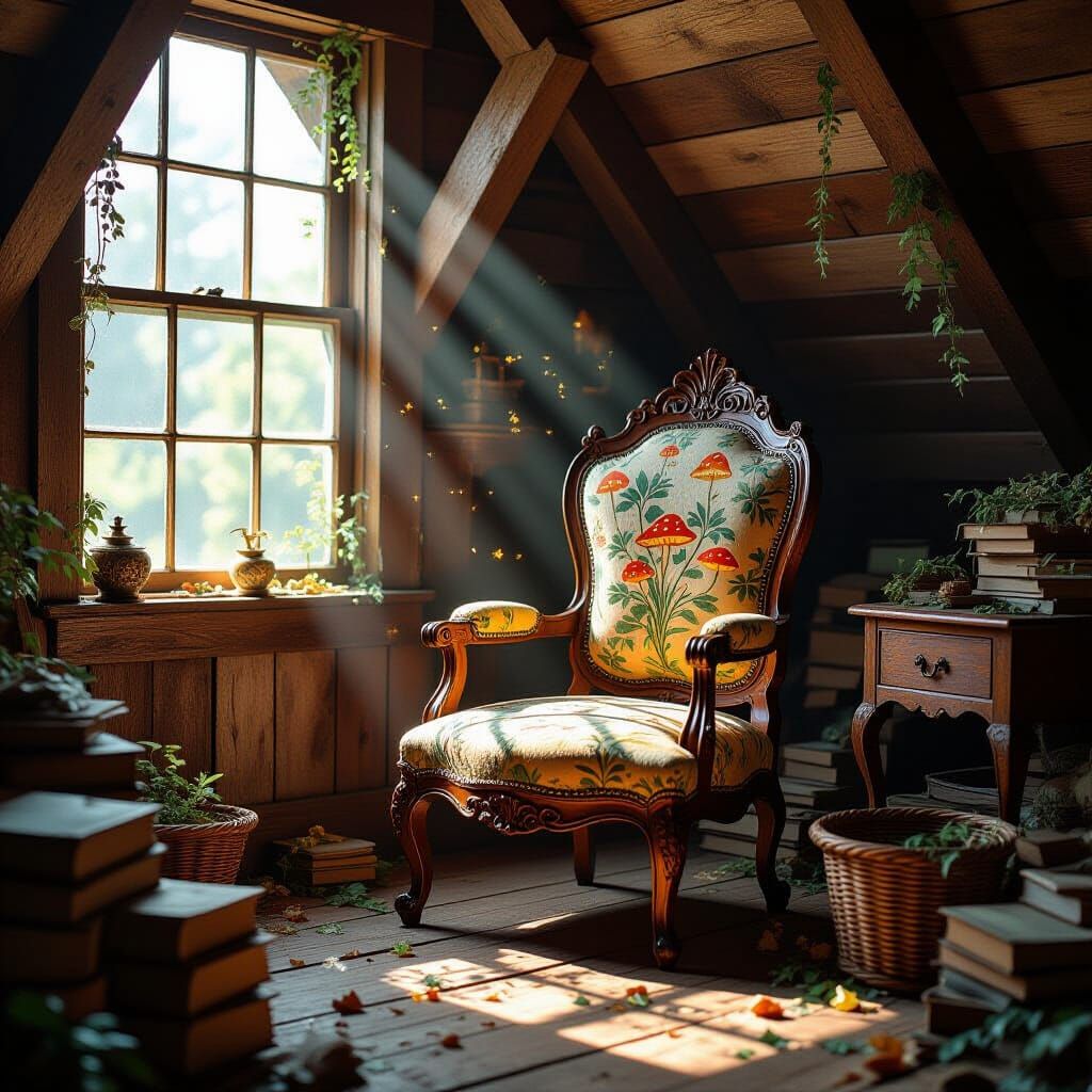 A whimsical attic filled with forgotten treasures,