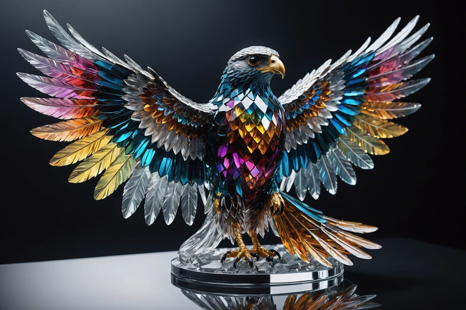 Detailed Multicolored Crystal Falcon on Reflective Surface