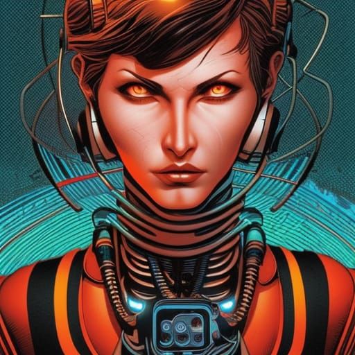 Cyberpunk Woman with Robotic Arm in Comic Book Style