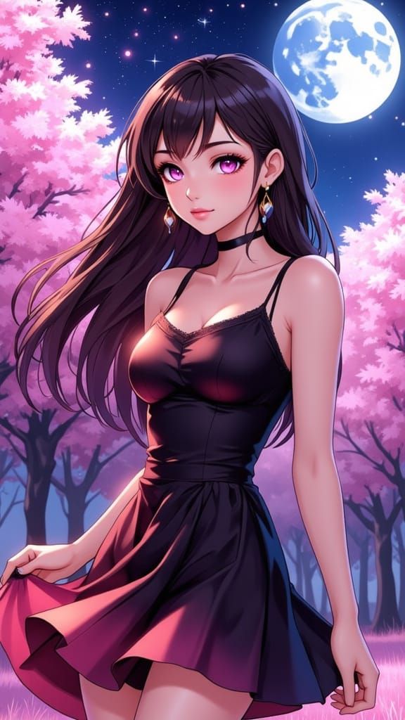 Anime Woman in Sakura Field at Midnight
