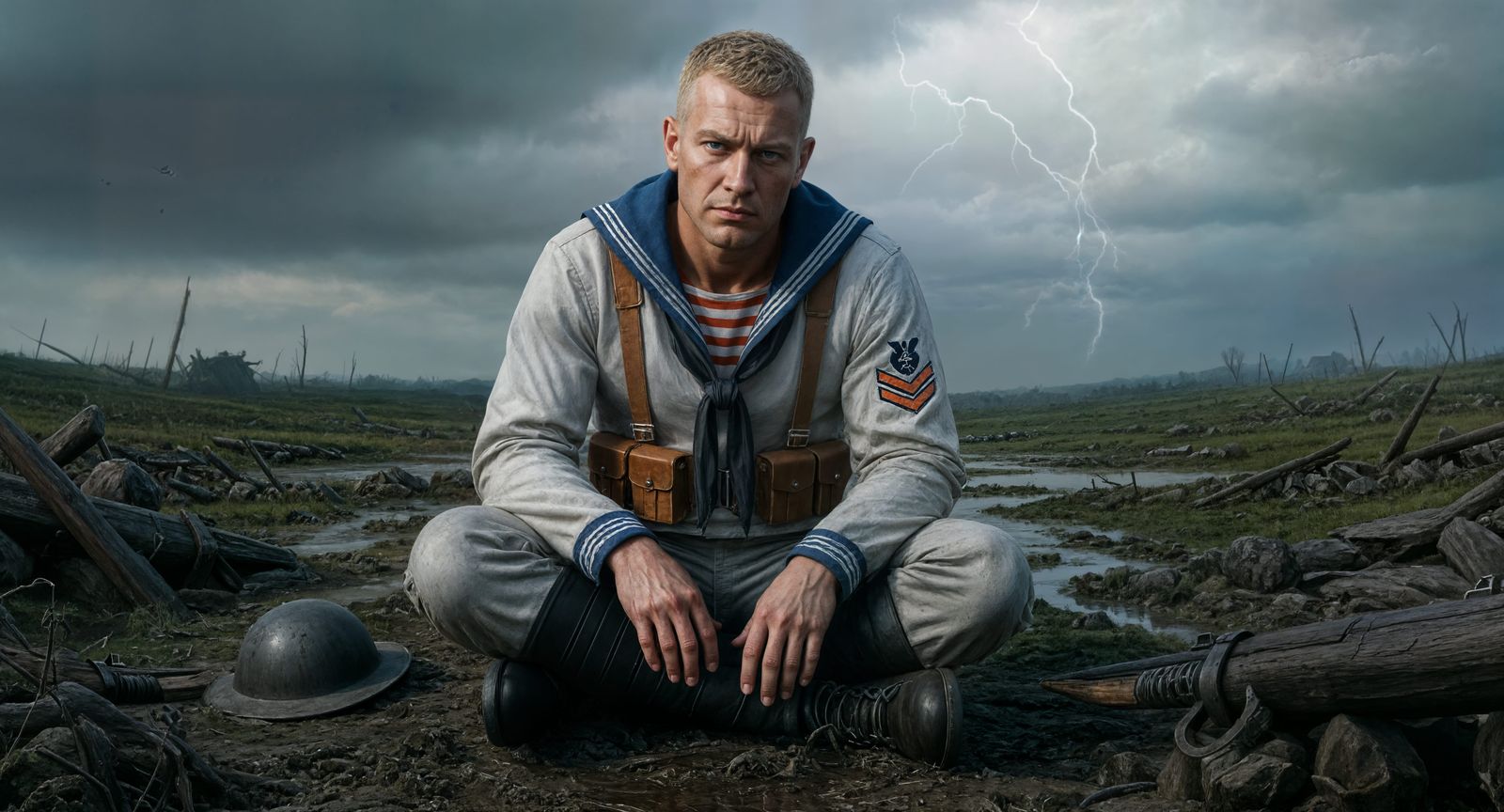 Weathered WWI Sailor in Desolate Battlefield