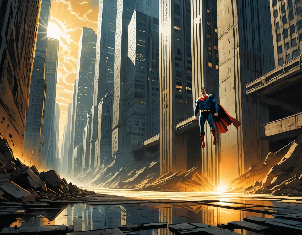 Superman Soars Through Concrete Jungle, Comic Book Style