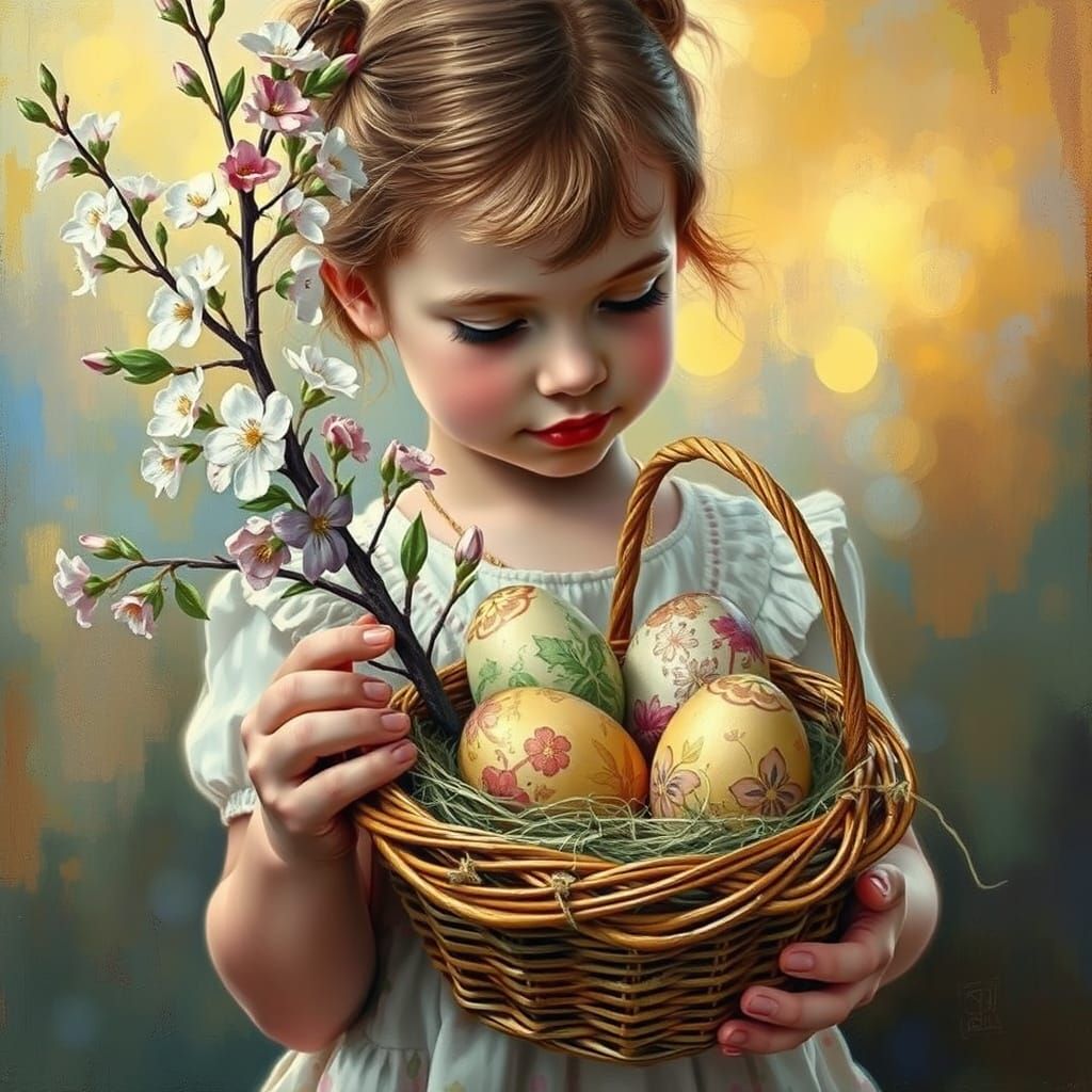 A Young Girl Surrounded by Blooming Flowers and Painted East...