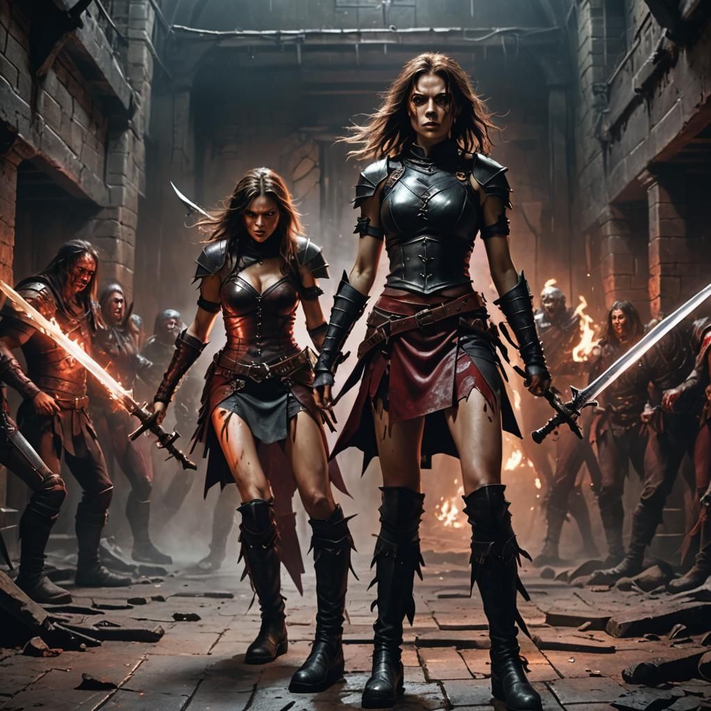 Female Warrior in Dark Dungeon with Fire Swords