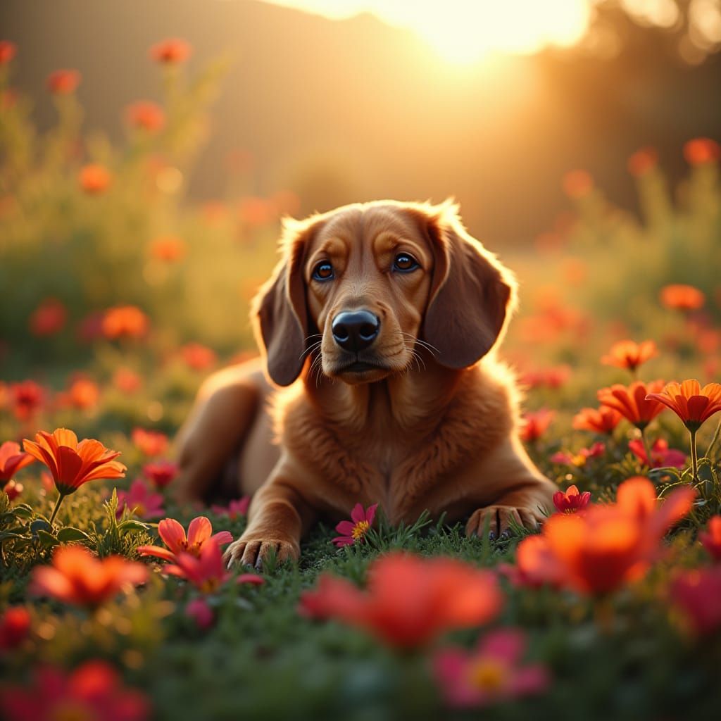 Sausage Dog in Flower Bed, Cinematic 35mm Film