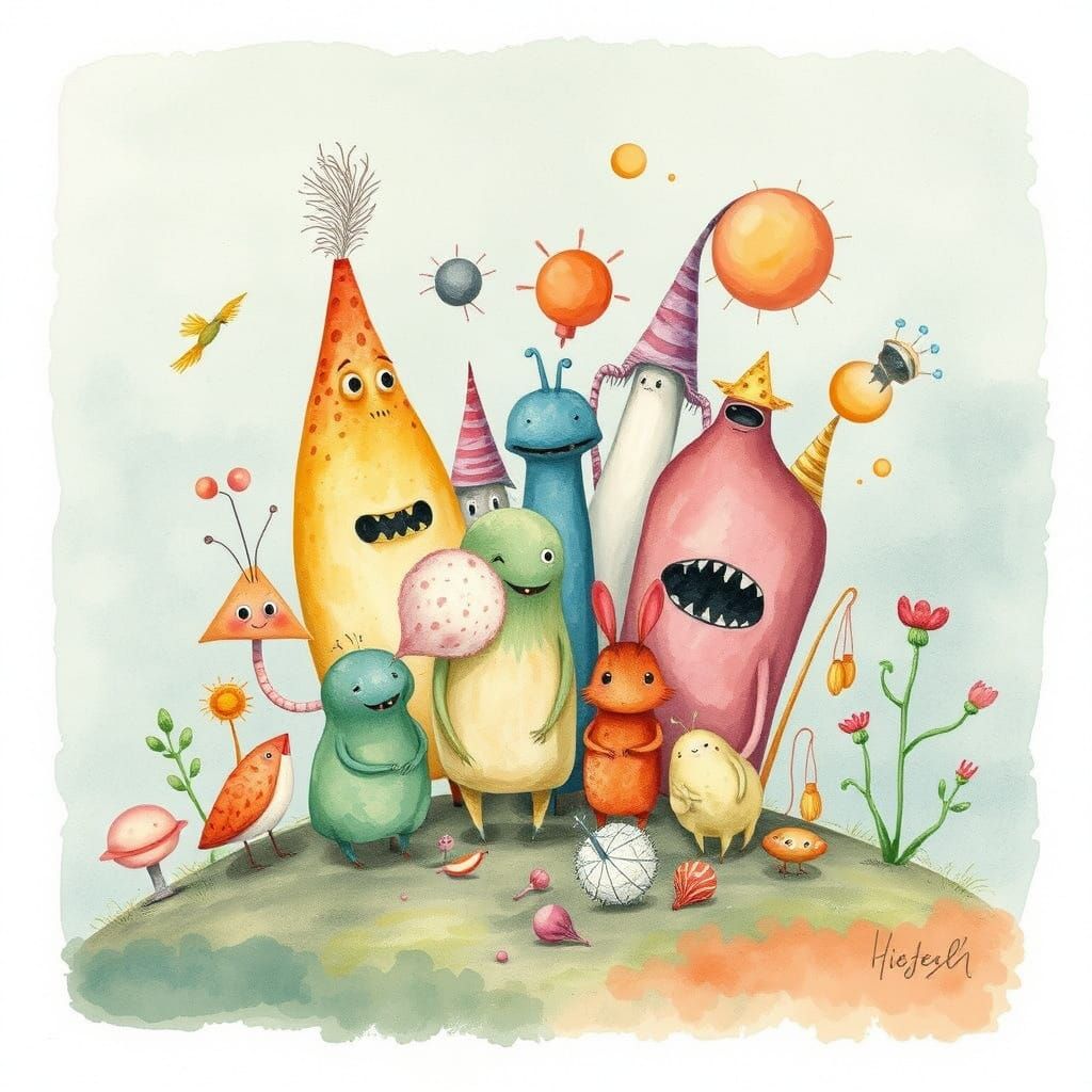 Whimsical Fantasy Creatures in Watercolor Illustration