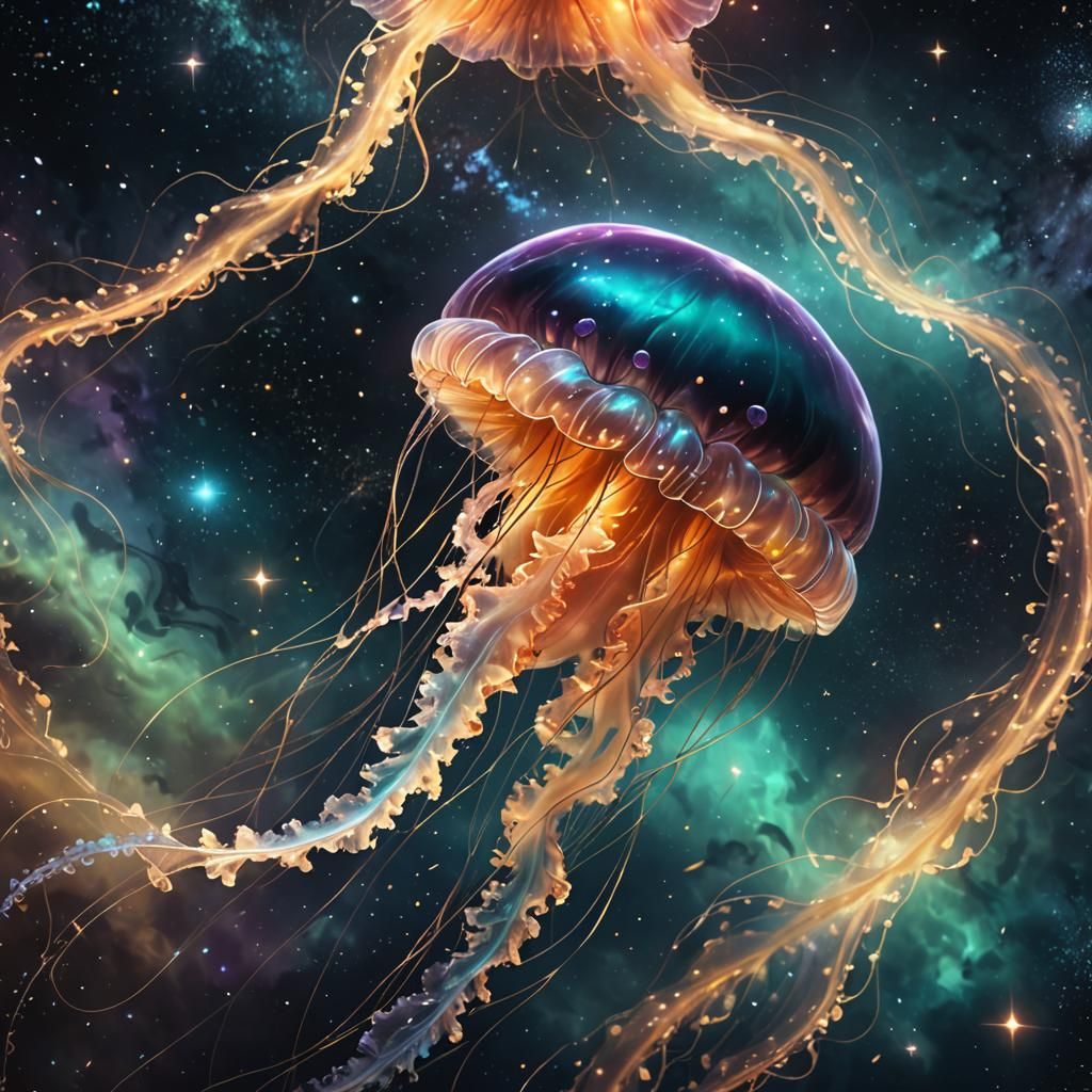 Cosmic Jellyfish Swims Through Stars: Hyperrealistic Concept...