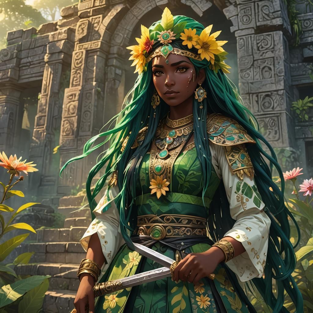 Anime Girl with Obsidian Sword in Mesoamerican Ruins