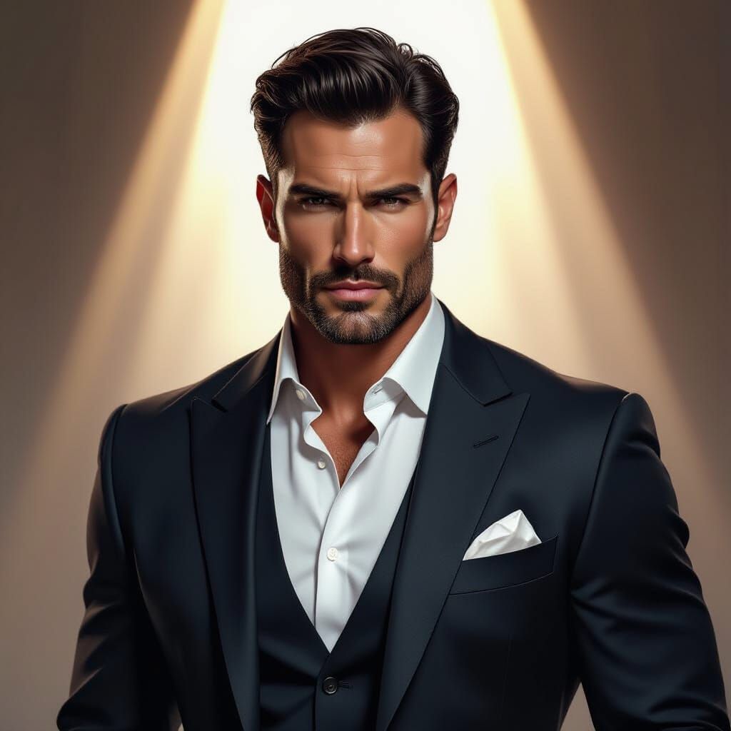 Charismatic Man in Sharp Suit, Hyperrealistic Digital Painti...