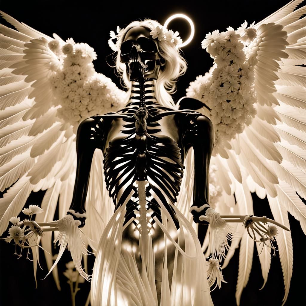 Infrared photography, Skeletal angel of death, apparition, luminous silk, wings of light , bone angel ,psychopomp , crow...