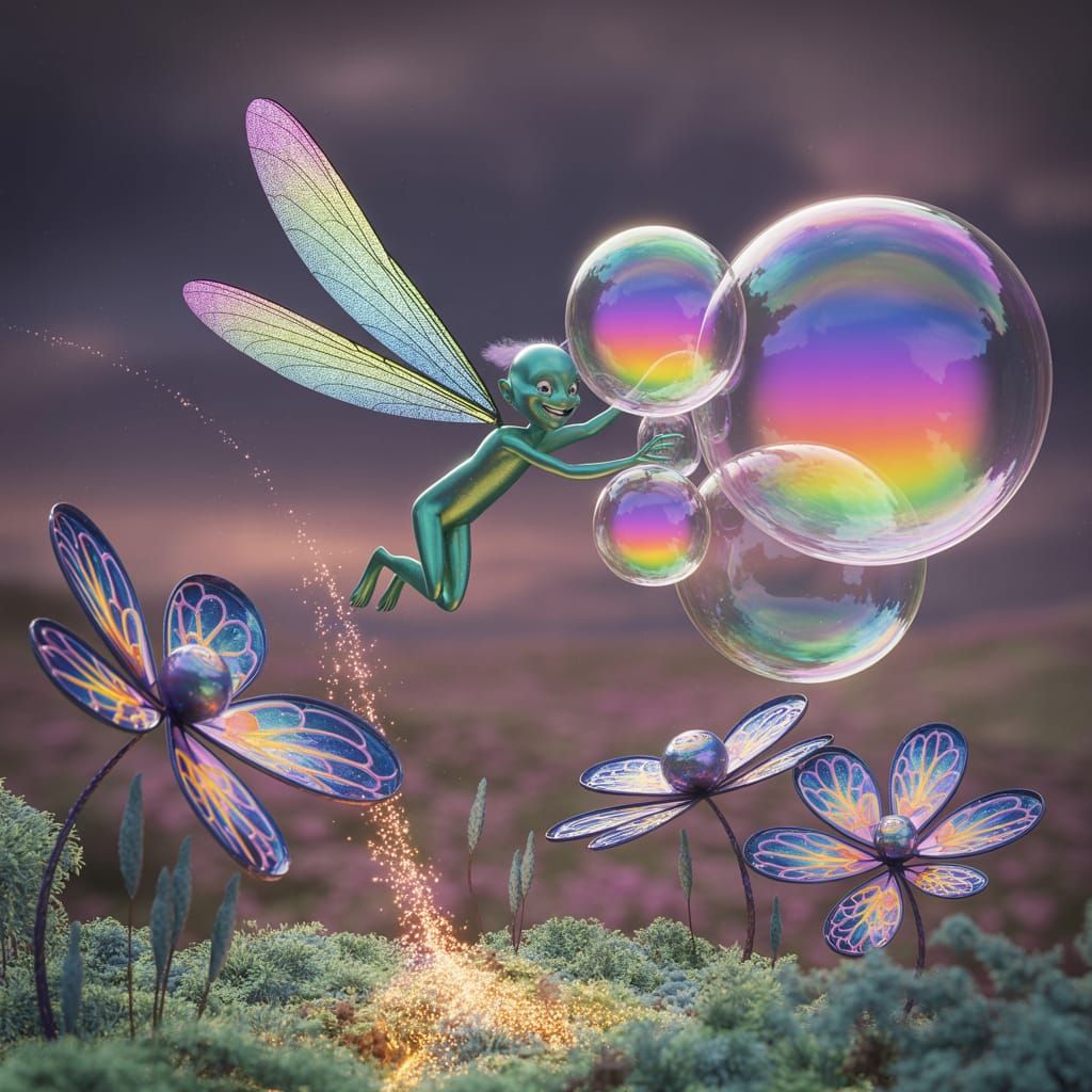Sprite Dancing in Bioluminescent Garden with Bubbles