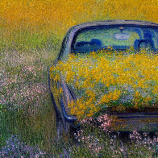 Vibrant Field of Wildflowers Surrounds an Old Car in Oil Pai...