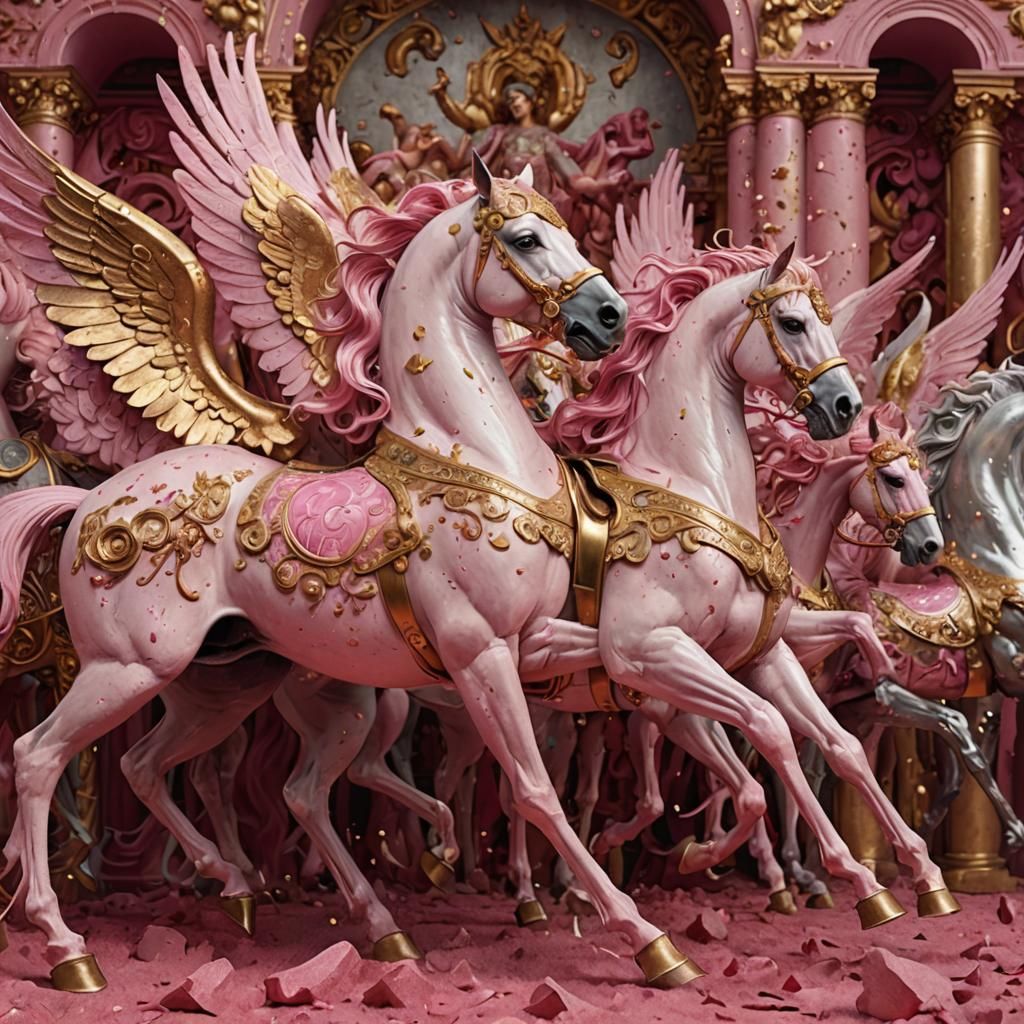 Angels and Pink Horses in Klimt-Inspired Artwork
