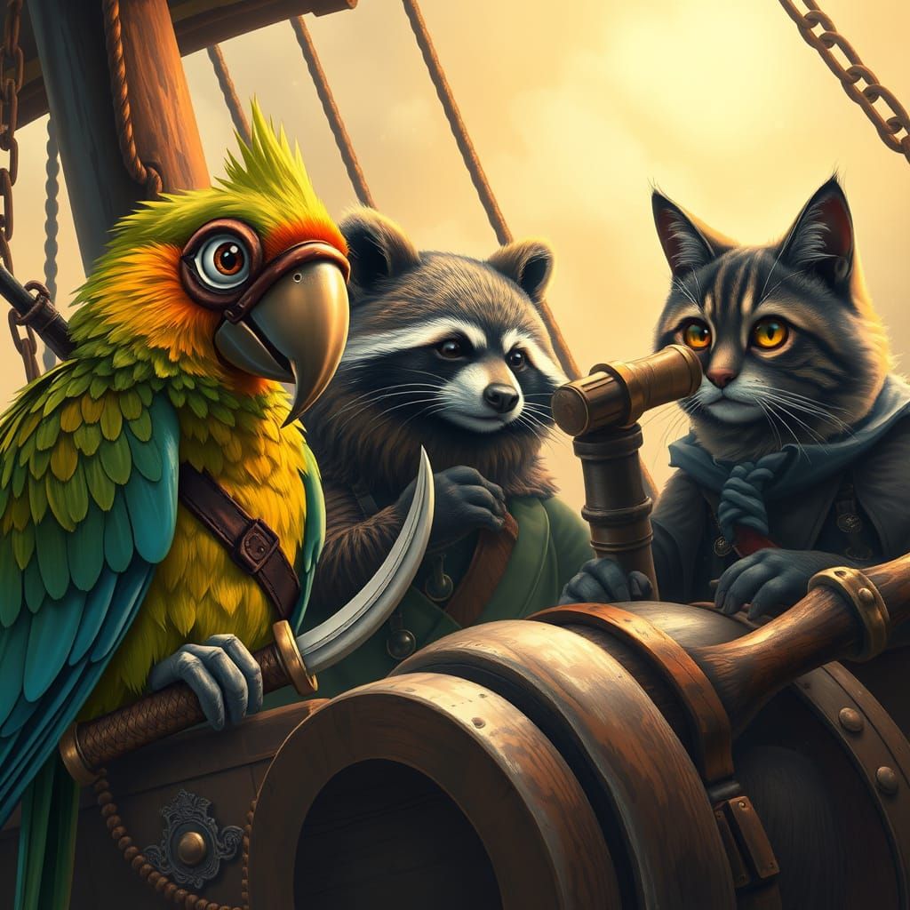 Pirate Animals Sailing a Ship in Golden Light