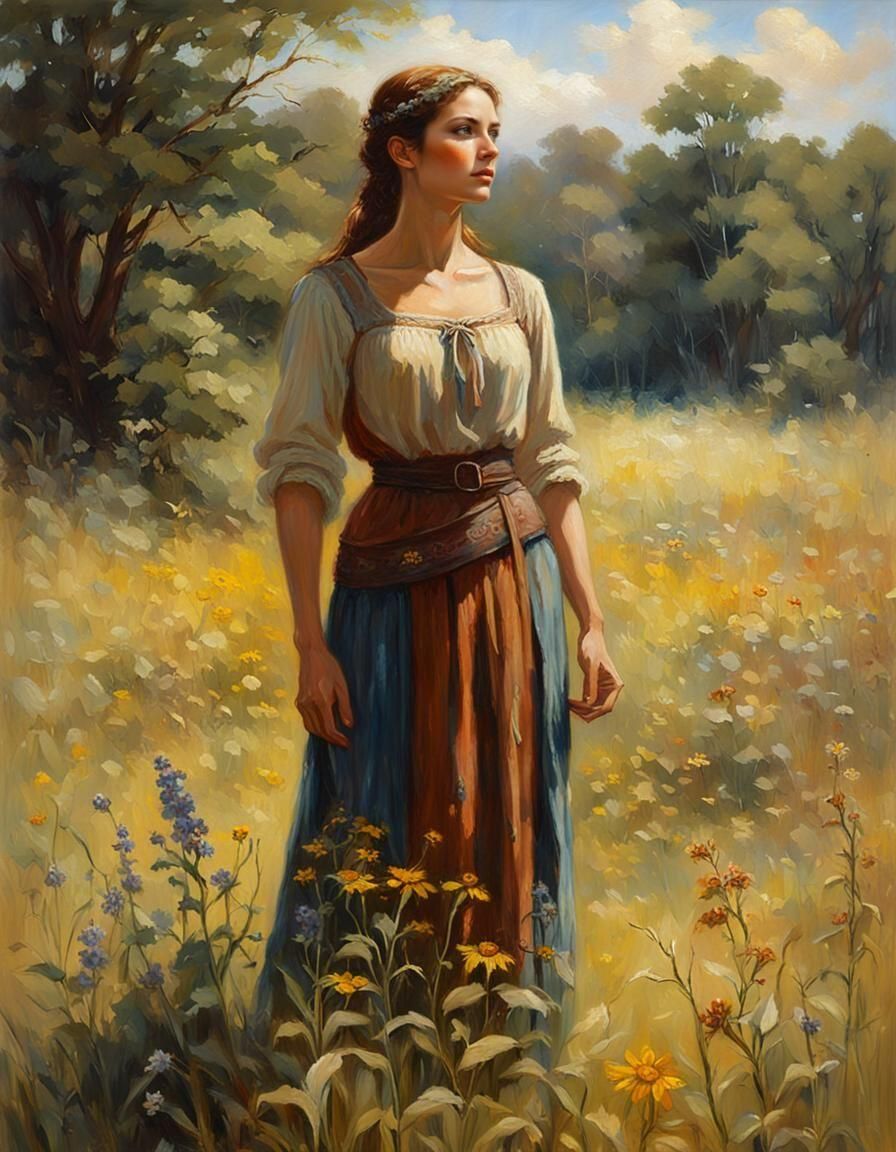 Amazon Woman in Grassy Field: Oil Painting Style